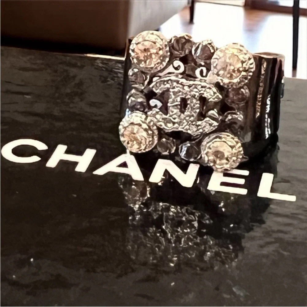 CHANEL Silver and Black Crystal Ring